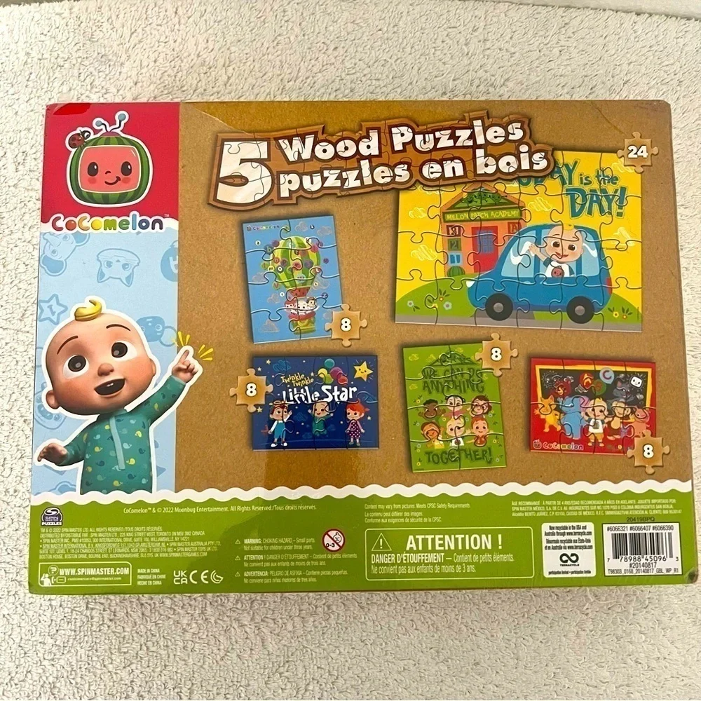 Cocomelon 5 Pack Wood Puzzles with Wooden Storage Box New Learning, Play Time